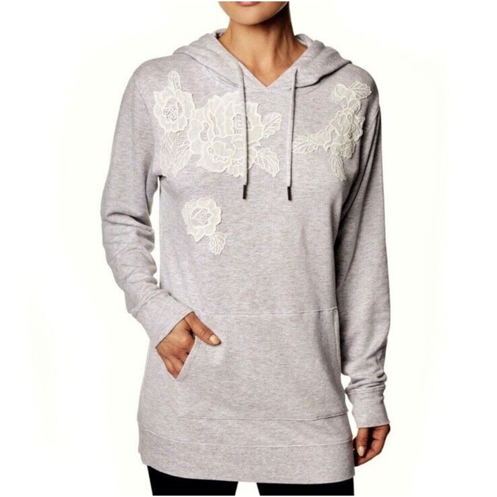 Betsey Johnson Hoodie‎ Women's Gray Floral Lace Applique Performance Pullover M
